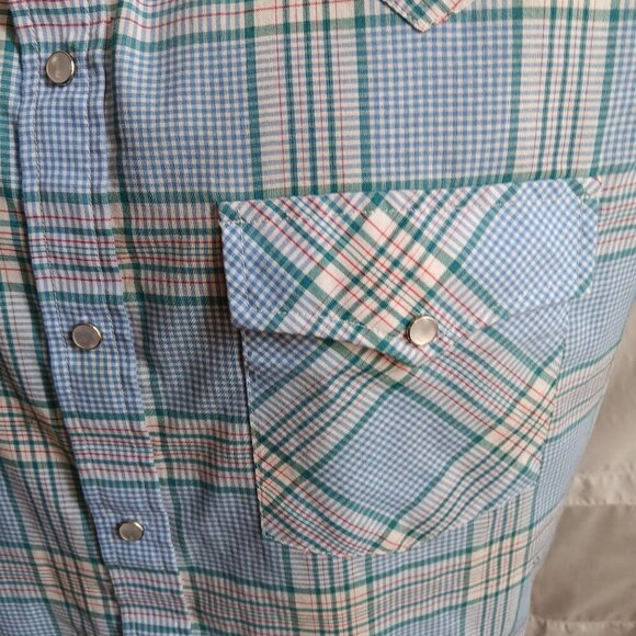 Vintage 1990s Plaid Western SHirt Mens Large BLue Summer Indy Snapper - Picture 3 of 6